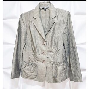 Lafayette 148 New York Sz 8 Gray Ruffled Linen Silk Blazer m Jacket Womens